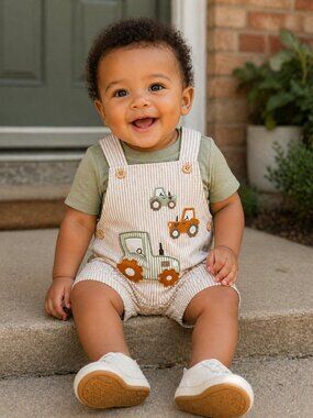 NWT Baby Essentials Baby Boy 2 Piece Tractor Romper Set Embroidered Outfit Size